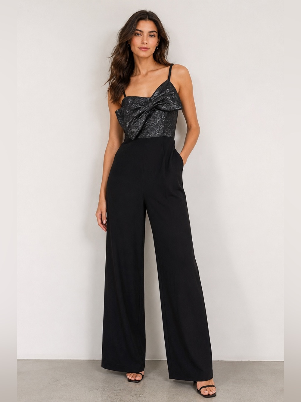 Anne Klein Black Metallic Bow Bust Wide-Leg Jumpsuit